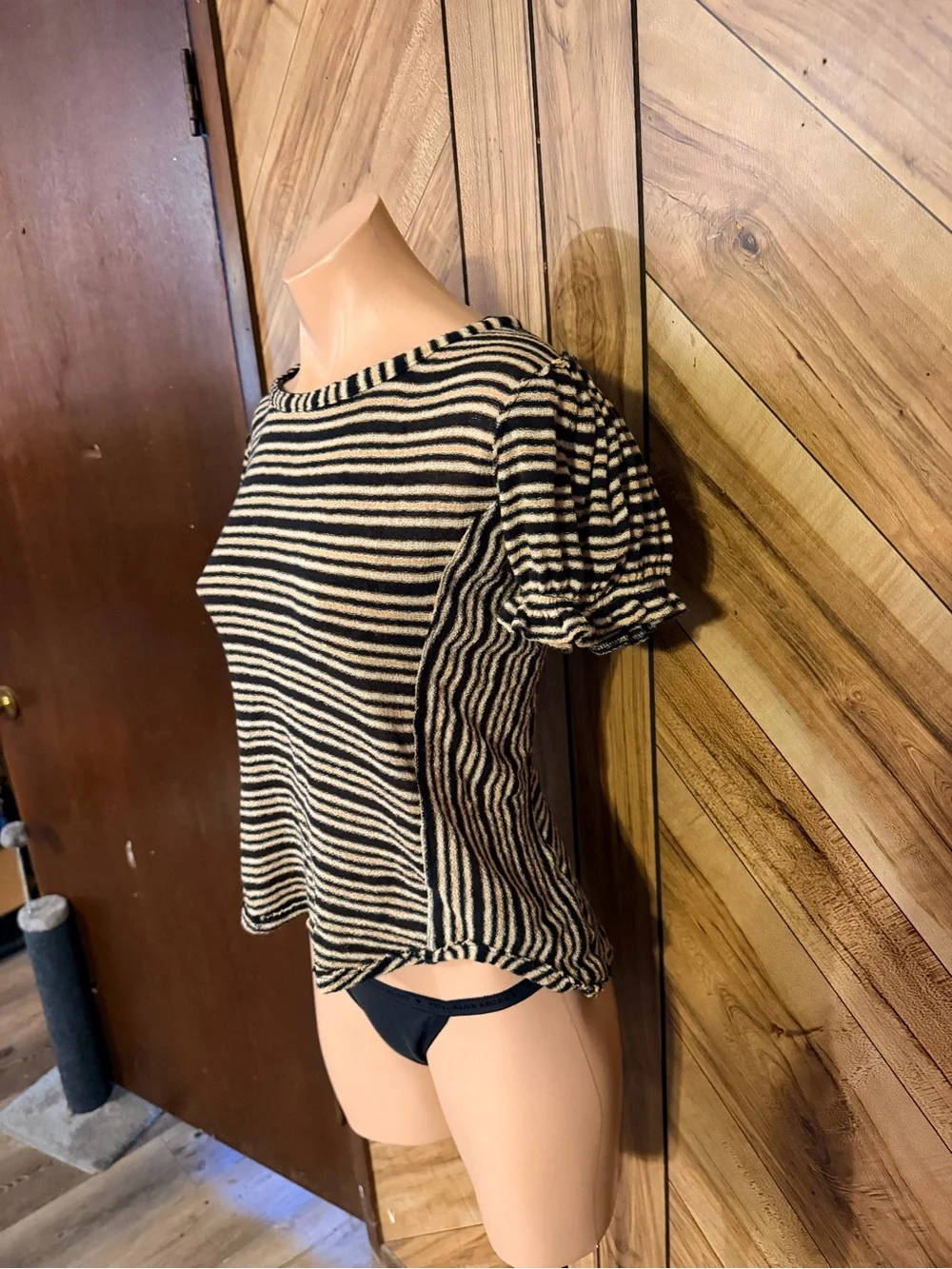 Free People Womens L Striped Puff Sleeve Knit Scoop Neck Top Tee Boho